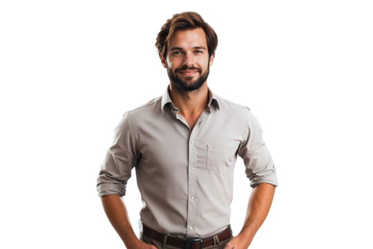 Portrait of a confident entrepreneur man smiling with hands in pockets, isolated on transparent background, png