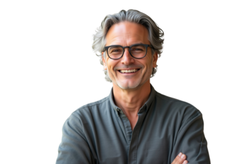 Cheerful senior man with grey wavy hair, smiling and wearing glasses isolated on transparent background