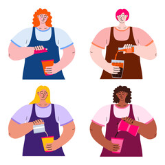 Set of women baristas make coffee at different stages of the process. Perfect for caf&eacute; and coffee shop menus, branding, and various digital or print designs. Hand-drawn flat vector isolated on white.