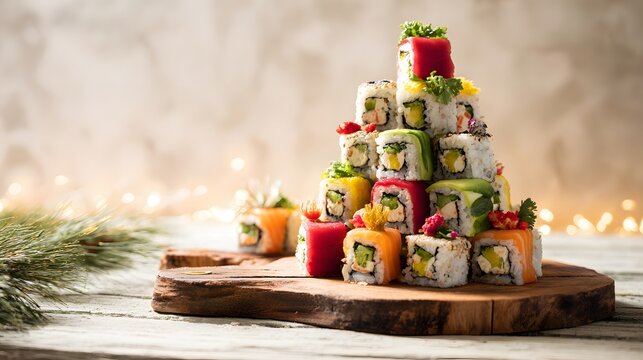Festive sushi tower platter a vibrant culinary scene perfect for parties and seasonal celebrations