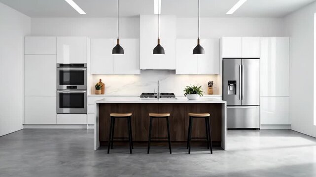 Sleek kitchen showcases modern design with white cabinets and wood island. Bright spacious setting with minimalist features. Concept of home design, interior architecture, renovation
