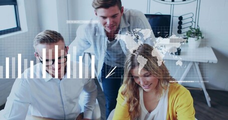 Analyzing team leaning over laptop at office, woman in yellow cardigan, with data overlays