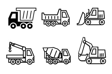 Collection of Line Art Construction Vehicles Dump Truck, Excavator, Crane, Cement Mixer, and More