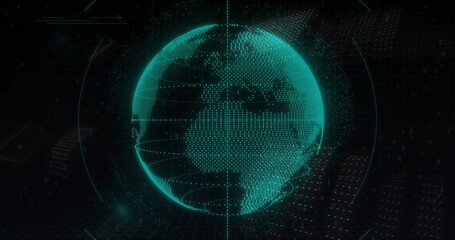 Rotating teal hologram globe showing continents in virtual HUD, with axis, rings, grid, data points