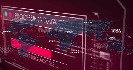 Displaying holographic world map overlay on dashboard showing magenta progress bar and UI panels