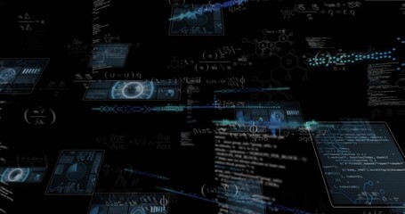 Rotating holographic panels showing code, formulas, molecules, HUD graphs and trails in cyberspace