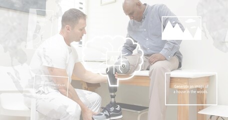 Adjusting clinician in white coat fitting prosthetic leg with sneaker on patient at rehab bench, AI