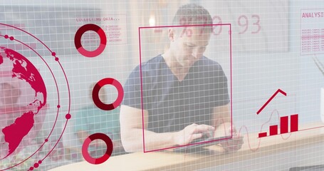 Analyzing man in V-neck shirt leaning on wooden counter in office, using tablet with data overlay