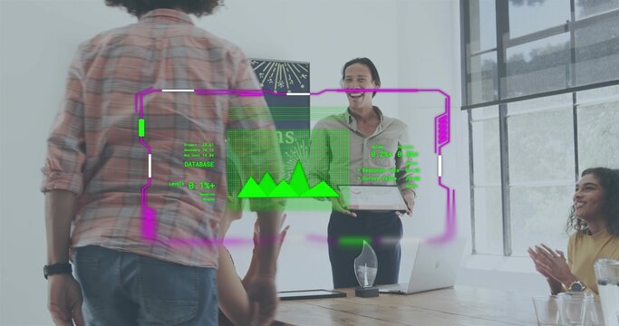 Presenting business presenter holding tablet, smiling and addressing team in office with AR HUD