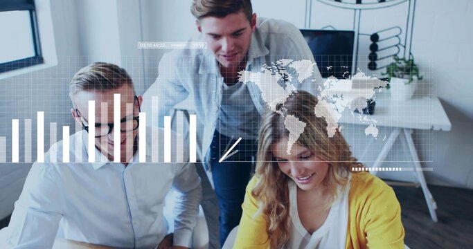 Analyzing team leaning over laptop at office, woman in yellow cardigan, with data overlays