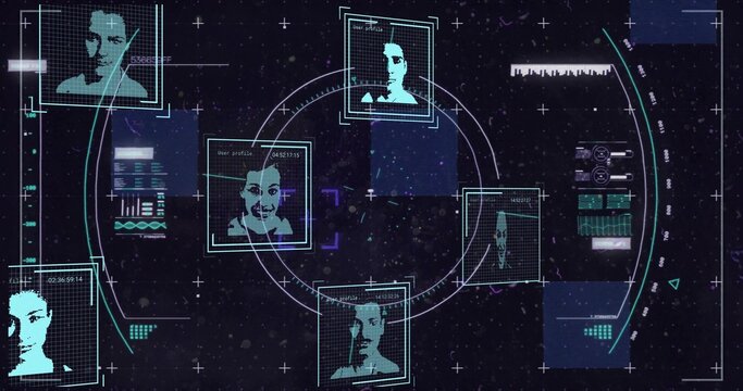 Displaying central HUD reticle projecting cyan portrait frames rings and data panels over starfield