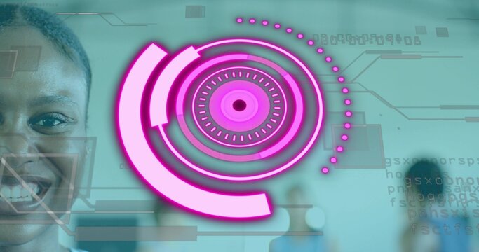 Displaying magenta HUD with dotted arcs over teal studio, showing smiling woman left, blurred team