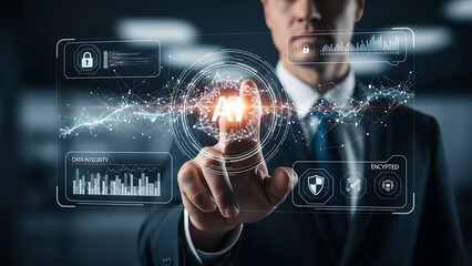 Businessman interacting with a futuristic artificial intelligence interface displaying data analytics for modern business solutions