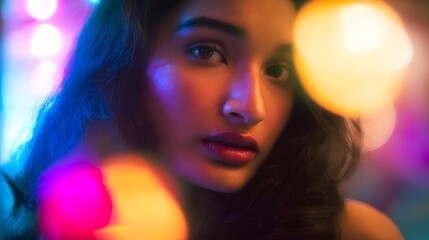 Dreamy portrait of a young woman bathed in vibrant colorful light creating a glamorous and emotive aesthetic scene
