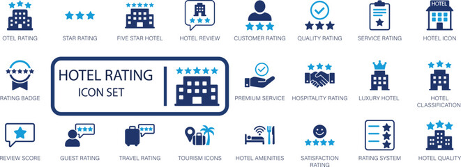 Hotel rating and hospitality icon set, star, quality, luxury, service, travel, and guest review vector icons.