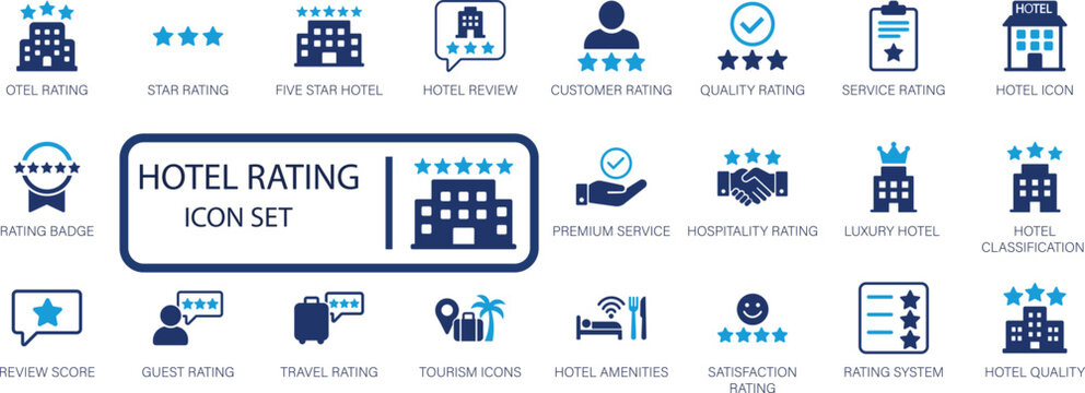 Hotel rating and hospitality icon set, star, quality, luxury, service, travel, and guest review vector icons.