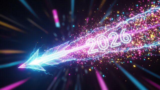 Abstract futuristic arrow with glowing particle trail and the year 2026 in neon light
