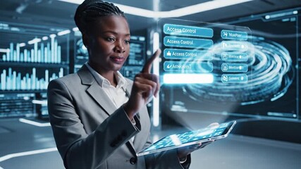 Futuristic businesswoman interacts with a digital display interface in a high-tech environment - Powered by Adobe