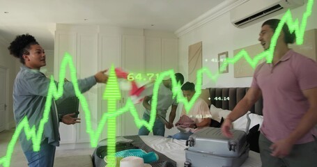 Packing group of five men tossing clothes and filling open suitcase in bedroom, neon graph overlay