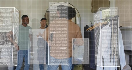 Adjusting man wearing tan jacket and jeans facing full-length mirror in boutique, with AR panels
