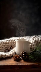 Fototapeta premium Cozy winter scene a steaming mug warms a knitted blanket festive lifestyle imagery