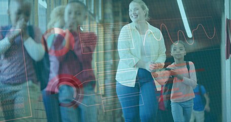 Leading adult woman guiding children walking in school corridor, with backpacks, smartphone and HUD