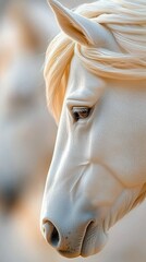 Close-up profile of a white horse with flowing mane, captured in soft focus with natural lighting.