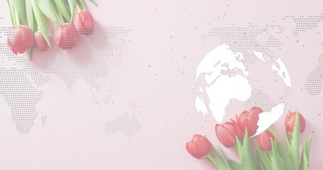 Resting red tulip cluster overlapping pastel pink surface, with white globe silhouette, copy space