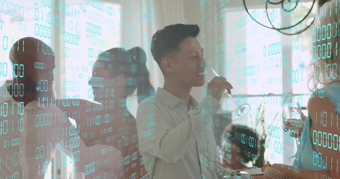 Smiling central man wearing light shirt sipping champagne flute at home dining, teal binary overlay