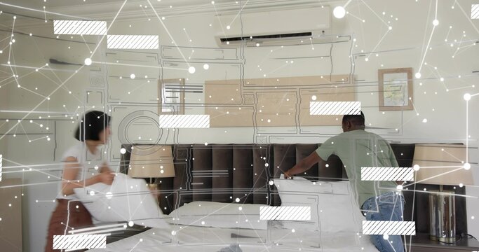 Making bed, man and woman in casual clothes adjusting duvet and pillows in hotel bedroom, overlay