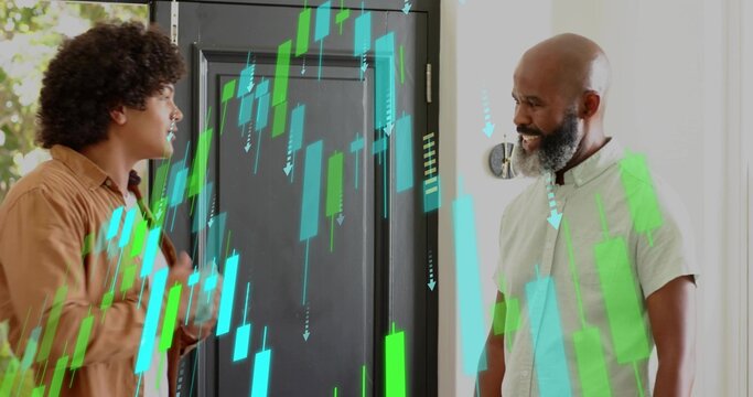 Talking man with brown overshirt gesturing to bearded man in entry by dark door, holographic charts