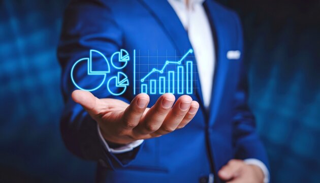 Businessman displays glowing digital financial charts and graphs