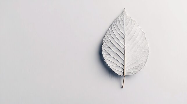 A single white leaf isolated on a white background, creating a minimalist and clean composition. - Powered by Adobe