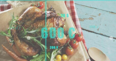 Showing whole roasted chicken with rosemary and tomatoes on pale-blue table, teal overlay labels