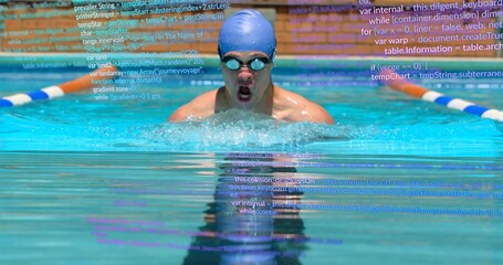 Breathing male swimmer taking stroke at competition pool, in trunks with blue cap and code overlay