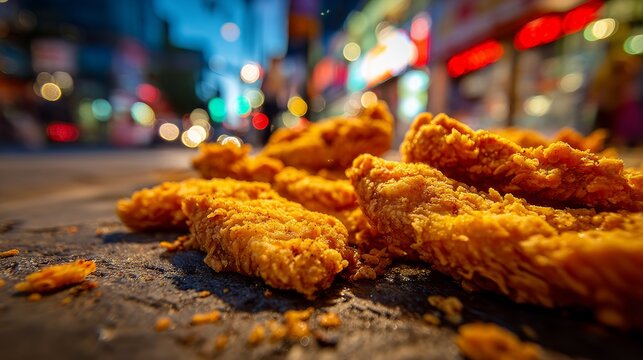 Crispy fried chicken pieces scattered on a city street at night, illuminated by colorful bokeh lights, creating a vibrant urban food scene with a lively atmosphere