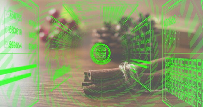 Displaying bundle of cinnamon sticks tied with twine on wood tabletop, showing neon AR overlays