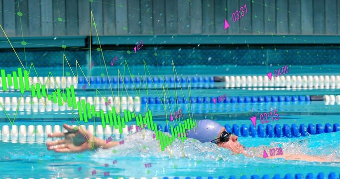 Swimming man wearing purple cap and goggles, cutting lane in pool with blue ropes, green overlay