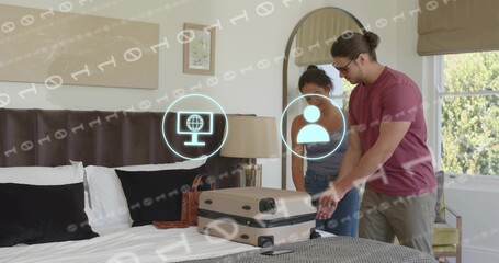 Packing couple in casual wear handling beige suitcase in hotel room, digital overlay, copy space