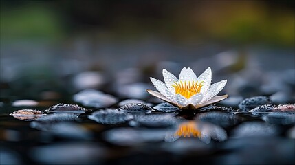 A close-up shot of a white lotus flower floating on water, surrounded by dark stones, with a soft, blurred background. The flower's reflection is visible in the