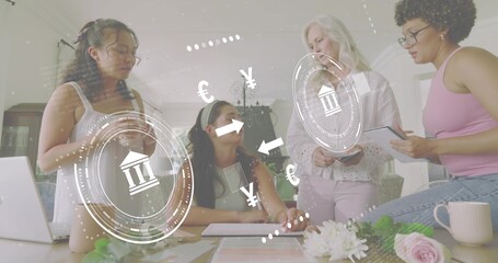 Discussing four women working in business attire at home table, with laptop and fintech overlays