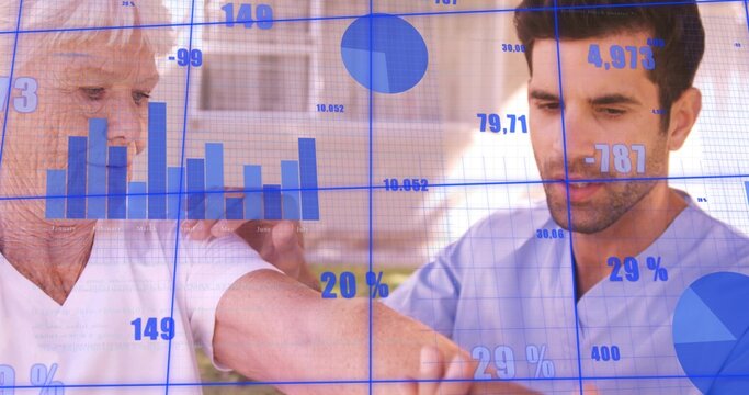 Helping woman in white top, caregiver in blue scrubs guiding forearm in clinic with data overlays