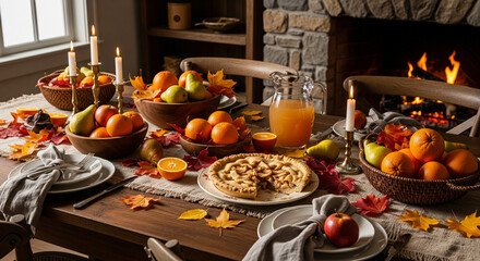 Cozy Autumn Dinner Table Setting with Pie, Fruit, and Fireplace
A warmly lit, inviting autumn dinner table is set for a cozy gathering