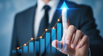 Businessman pointing at a rising stock market graph with an upward arrow