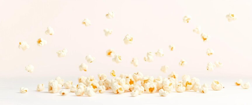 Fluffy popcorn kernels falling against a pure white backdrop,   movie night,  food