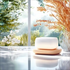 A white object rests on a wooden tray, alongside a vase of dried plants and a sprig of white flowers, with a bright window and a sunny outdoor scene in the back