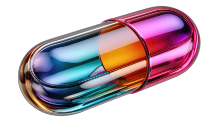 Innovative Medicine: A close-up shot of a translucent pill, showcasing internal segments with captivating colors. Symbolizes health, pharmaceuticals, and scientific advancement.