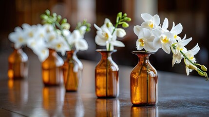 Close-up of white orchids in amber glass vases arranged on a table. The image showcases a decorative still life with a focus on natural beauty and elegant desig