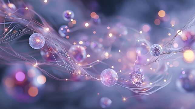 Soft lilac glass spheres connected by glowing fiber strands on a dreamy bokeh background, abstract illustration for AI networks, data connections and futuristic technology.