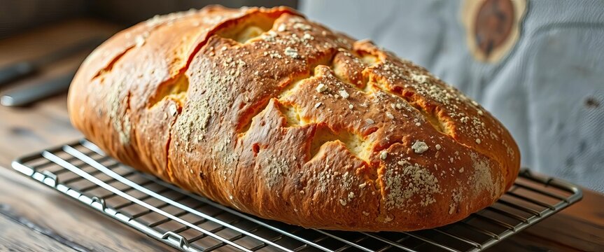 Golden-brown sourdough bread, cooling rack, rustic setting, countryside, water